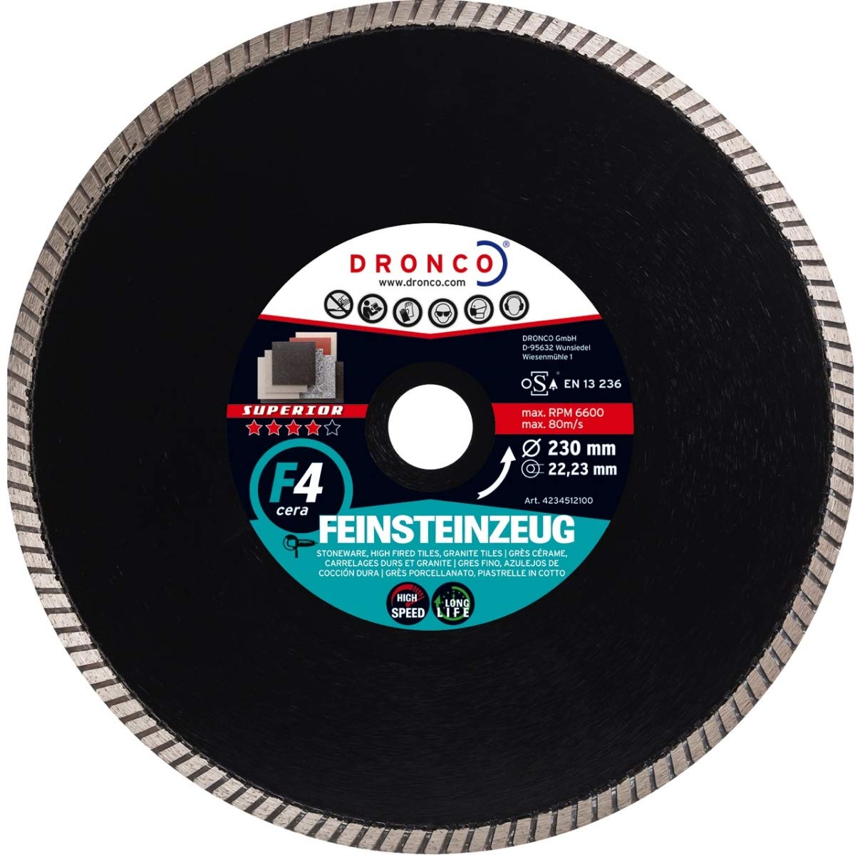 Osborn Dronco 4354517100 Superior F4 Cera Diamond Cutting Disc, Tiles Stoneware, GR Shape, 5500 rpm Speed, 350 mm Diameter, 2 mm Thickness, 25.4 mm Hole Diameter