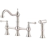 Bridge Kitchen Faucet with Side Sprayer, WOWOW Solid Brass Kitchen Faucet for Sink 4 Hole Polished Nickel Kitchen Sink Faucet