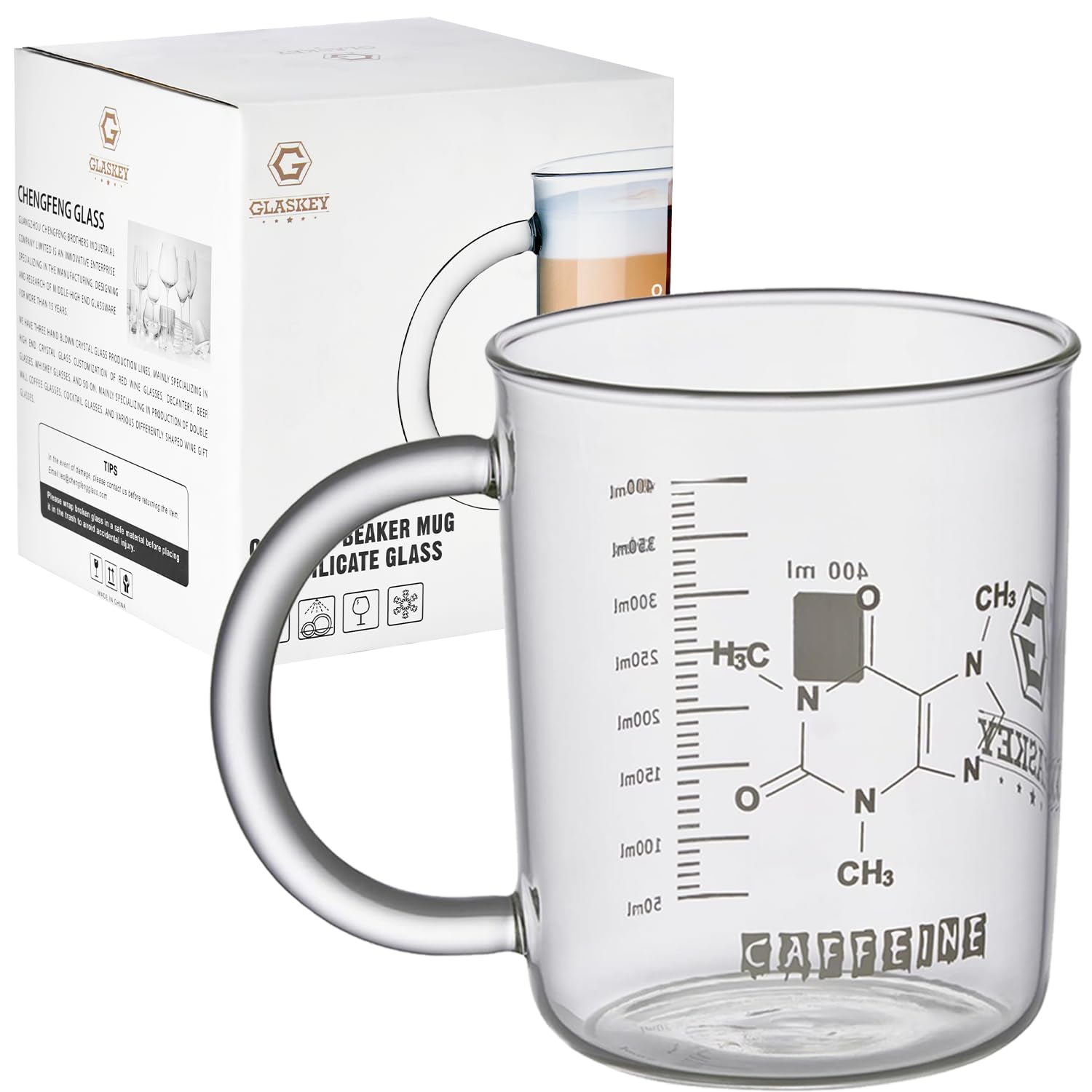 GLASKEY Coffee Beaker Mug, 400ml Anti-Dripping Borosilicate Caffeine Mug, Science Decor, Cool Coffee Mug with Handle,Science Chemistry Gifts,Measuring for Tea, Latte, Hot and Cold Beverage