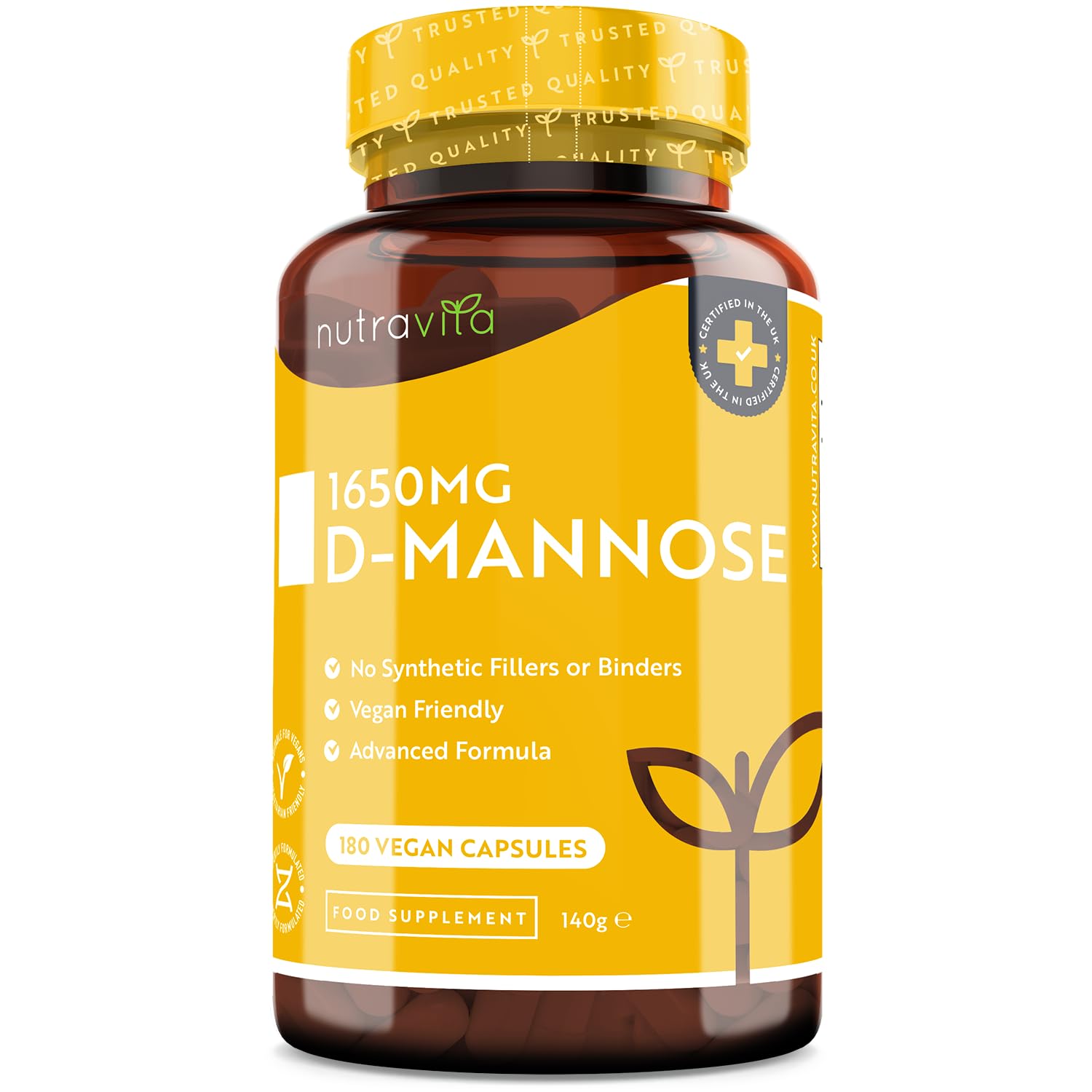 Nutravita D-Mannose 1650mg High Strength Capsules – 180 Vegan Capsules (Not Tablets) – 100% Natural Premium D Mannose Supplement - High-Strength Alternative to D Mannose Powder & Cranberry Tablets