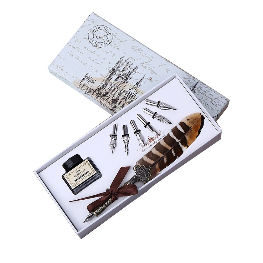 Feather Quill Pen Set English Calligraphy Pen Writing Dip Pen with Ink and 6 Nibs,Stationery Gifts Set For Beginners Adults And Kids