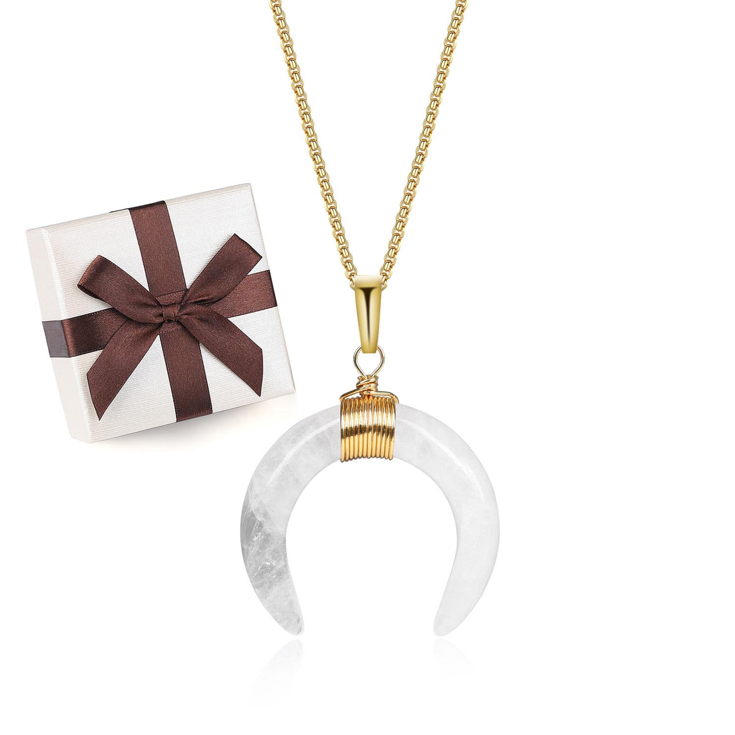 COAI Horn Crescent Moon Necklace Women's Clear Quartz Healing Crystal Necklace