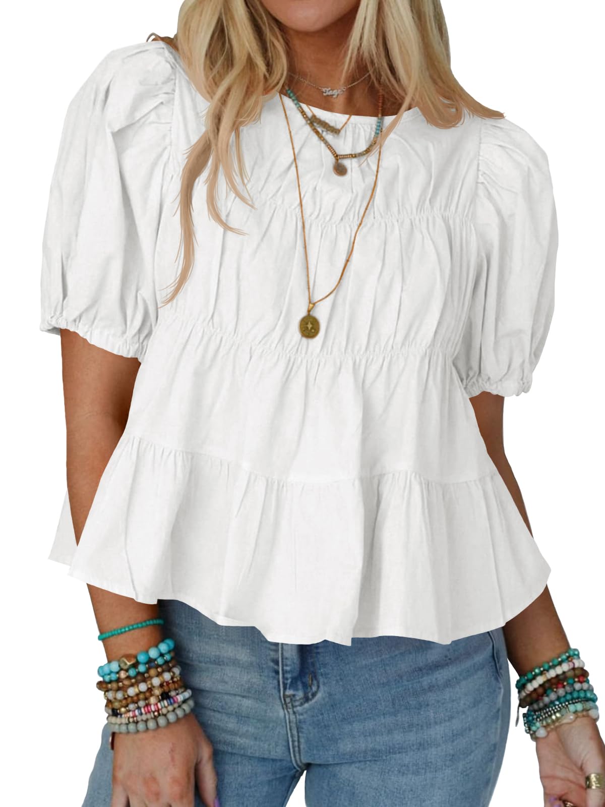 Photo 1 of Tankaneo Womens Puff Sleeve Peplum Babydoll Tops Summer Smoked Pleated Cotton T-Shirts Casual Loose Fit Flowy Blouse White