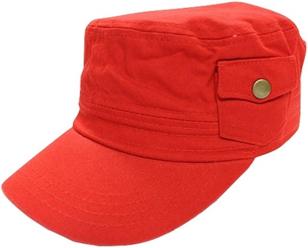 Solid Pocket Castro Cadet Cap - Quality 100% Cotton Hat - One Size Elastic Back (Red)