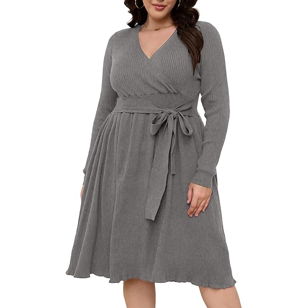 KOJOOIN Women's Plus Size Sweater Dress - V-Neck, Long Sleeve, With Pockets | Cozy Fall & Winter Knit Dress