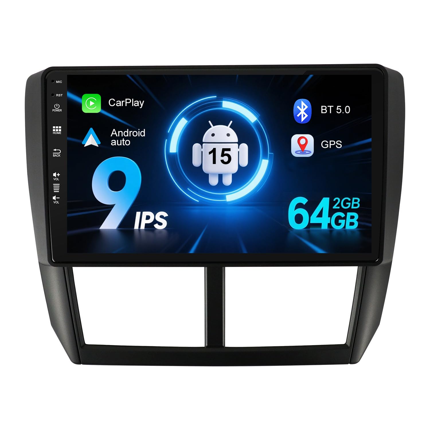 (2GB+64GB) 9 Inch IPS Car Stereo Radio For Subaru Forester/Impreza WRX STI 2008-2014 Android 15 CarPlay/Android Auto Bluetooth/Steering Wheel Controls/Split Screen/GPS Navigation/WIFI