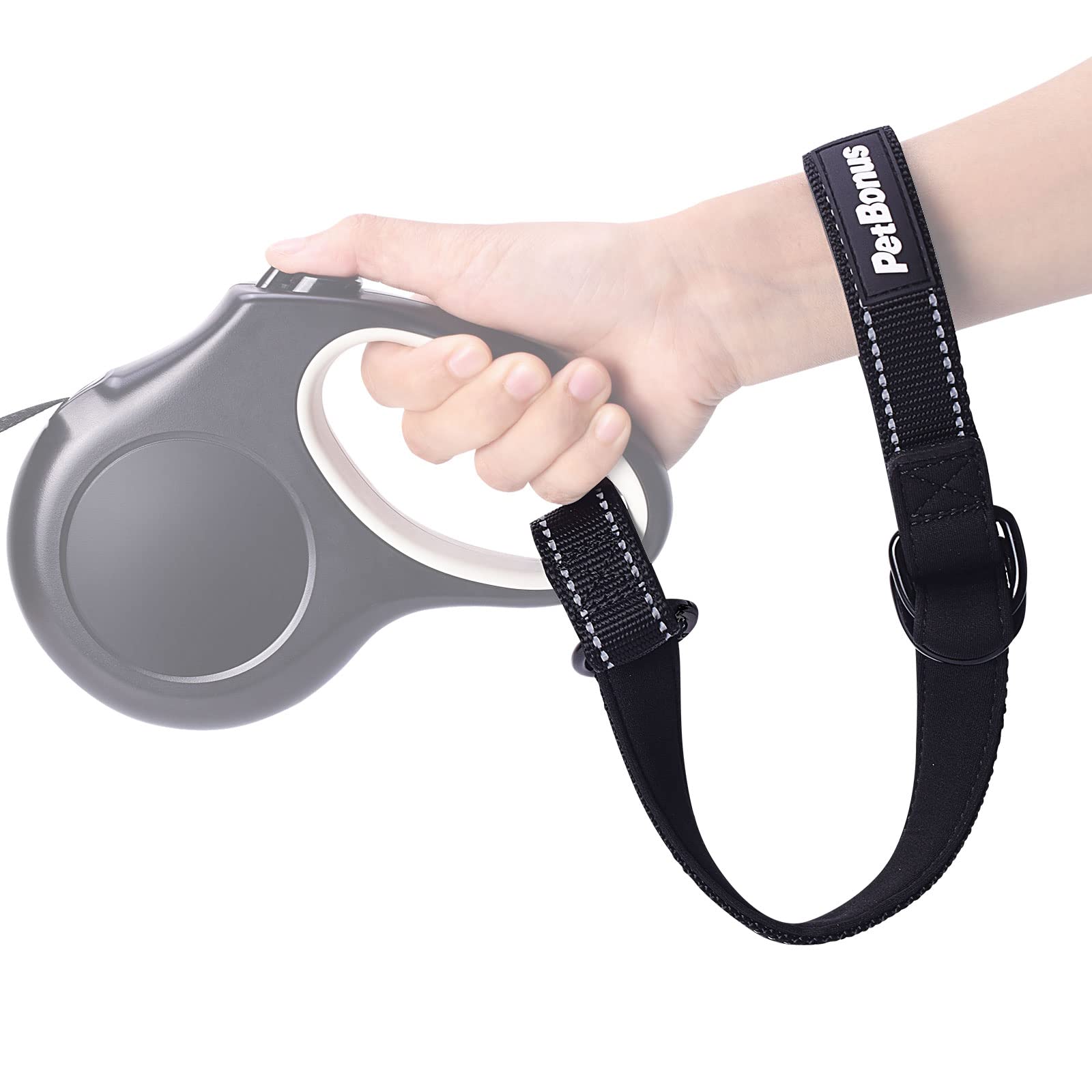 PetBonus Short Dog Lead, Safety Wrist Strap for Retractable Dog Lead, Reflective Design and Adjustable Soft Padded Handle, Extra Layer Security for Pet Stroller (Black) — image 1