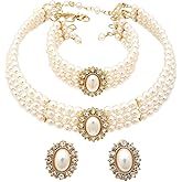 Fashion 21 3 Rows Rhinestone Trimmed Simulated Pearl Choker Necklace, Bracelet, Pierced Earring 3 Set