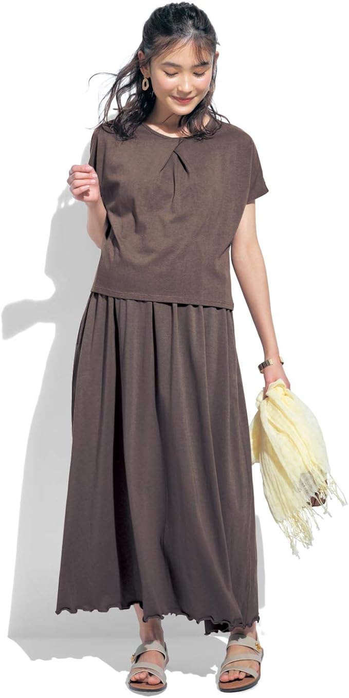 Amazon Co Jp ベルメゾン マタニティワンピース セット 授乳対応 ワンピース チュニック マタニティウェア 授乳服 ブラウン マタニティ L 服 ファッション小物