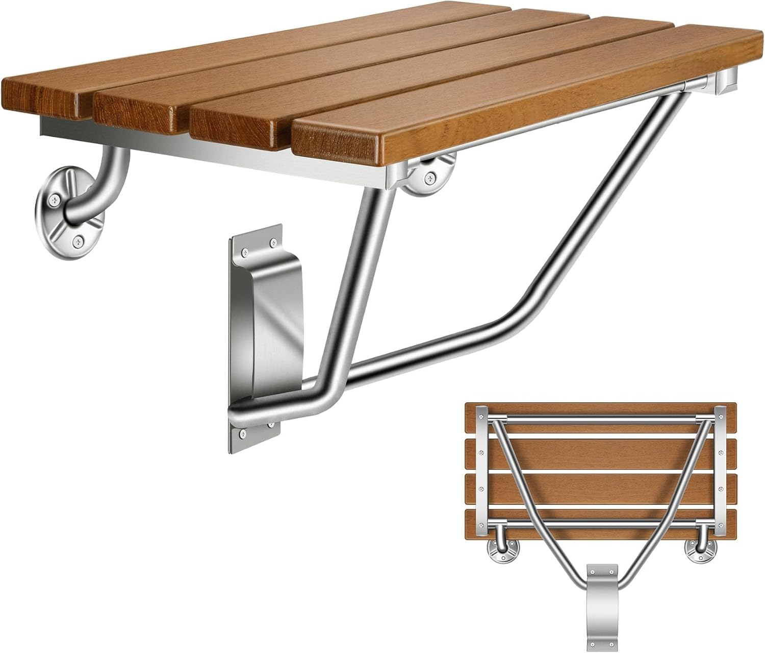 Photo 1 of 20'' Folding Shower Seat Wall Mounted, Folding Shower Bench with Stainless Steel Bracket, 500lb Load Capacity, Foldable Teak Shower Chair for Elderly, Pregnant Women, Kids, Disabled