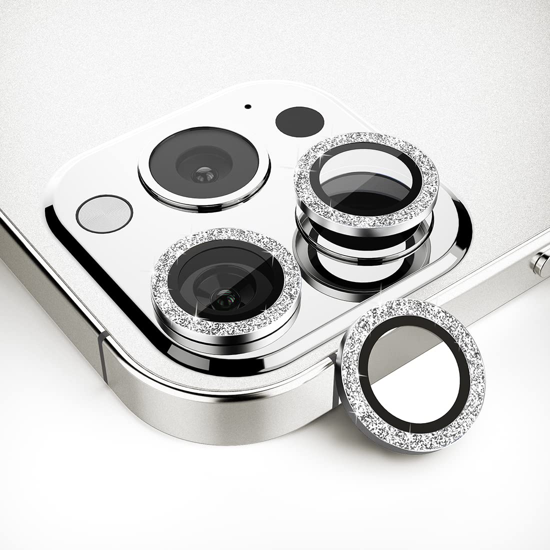 HALLEAST Compatible with for iPhone 13 Pro / 13 Pro Max Camera Lens Protector, 9H Tempered Glass Film Cover Metal Individual Ring for iPhone 13 Pro (6.1") / 13 Pro Max (6.7") 2021, Glitter Silver
