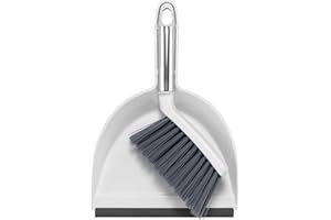 NACENA Mini Broom and Dustpan Set, Small Dust Pan and Brush Set with Handle Dustpan Teeth for Cleaning Hair Suitable for Office Desks Drawers Sofas Pet Care Outdoor Camping, White & Gray