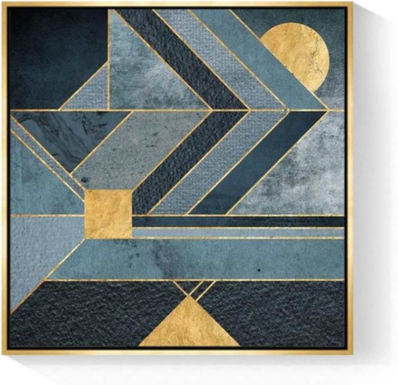 Quedom _Contemporary Minimalist Canvas Print Wall Art Painting for Living Room with Golden Frame Decorative Artwork_Geometry Series_16" x 16" (Cyan &Gold)