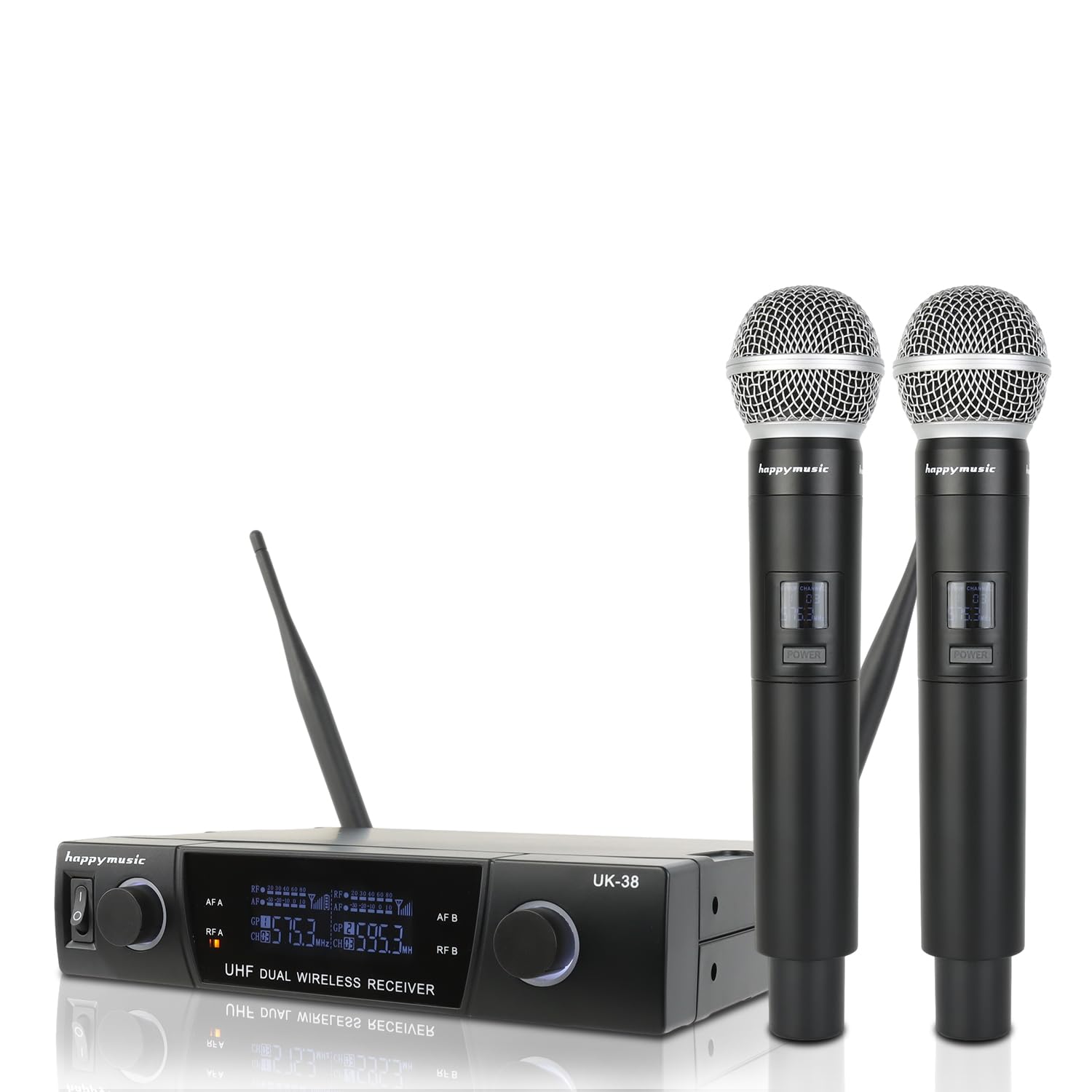 Photo 1 of happymusic Professional UHF 2 Channel Wireless Microphone System, Cordless Handheld Mic Set, 150ft Range Perfect for DJ, Church, Wedding, Event, Gigs, Singing, Home Karaoke, Black (UK-38)