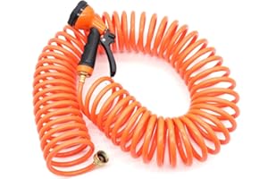 Besiter Coil Hose 50ft, EVA Recoil Garden Hose Brass Connector, Coiled Water Hose Lightweight and No Kink Includes 10 Patterns Spray Nozzle for Outdoors Lawn Watering, Car Washing Orange