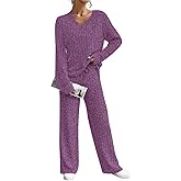 TIYOMI Women's Plus Size 2 Piece Suits 3X Purple Fall Long Sleeve Sweater Outfits Knitted Sweatersuits Sweater Top & Wide Leg Pants Winter Lounge Sets 3XL 22W 24W