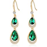 Austrian Crystal Halo Double Teardrop Hollow Drop Dangle Earrings for Women 14K Rose Gold Plated Hypoallergenic Jewelry