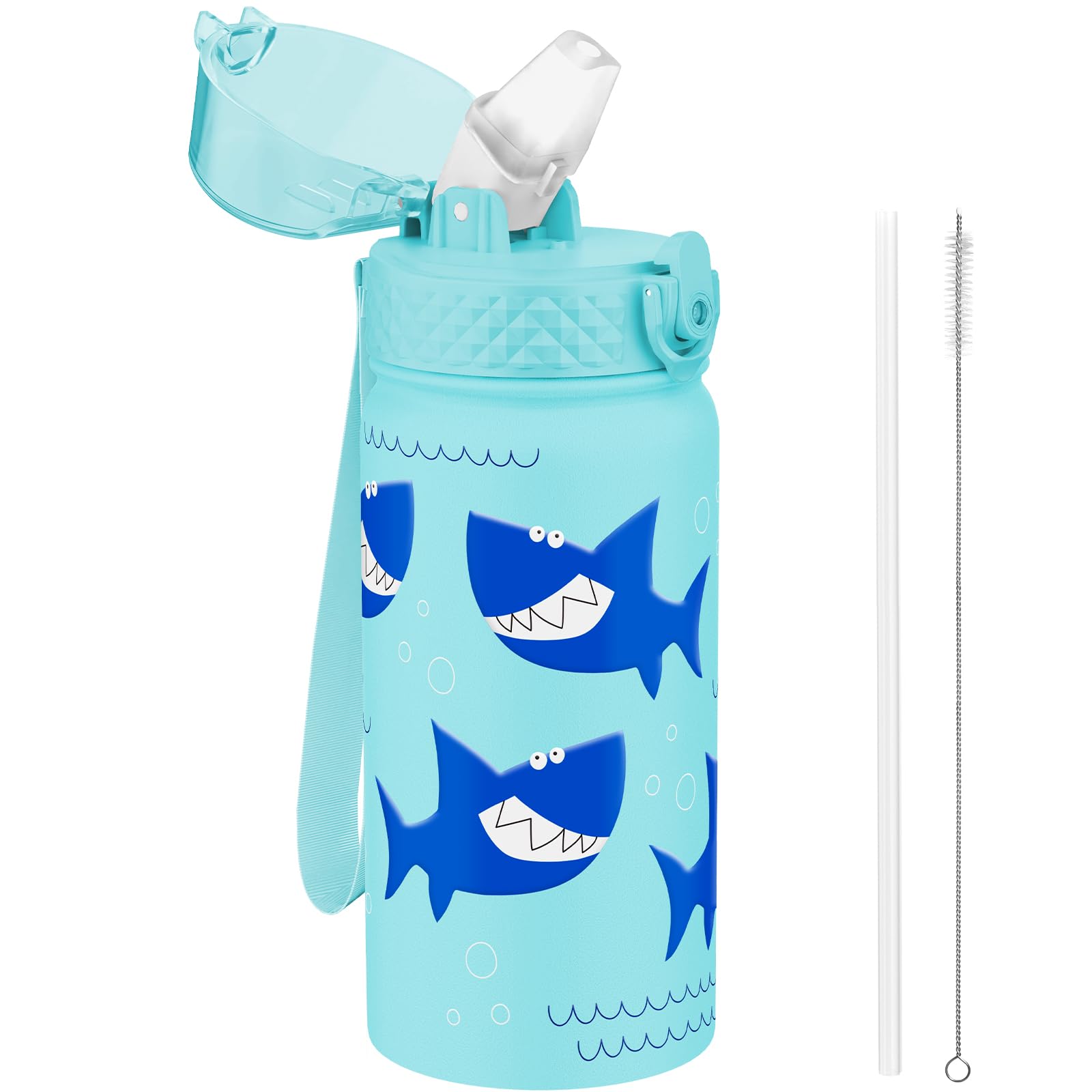 GOPPUS 420ml/14oz Kids Insulated Water Bottle with Straw Cute Double Wall Stainless Steel Child's Small Flask Vacuum Insulated Steel Metal Leak Proof Drink Flask Boys Toddler Girls Bottles BPA-Free