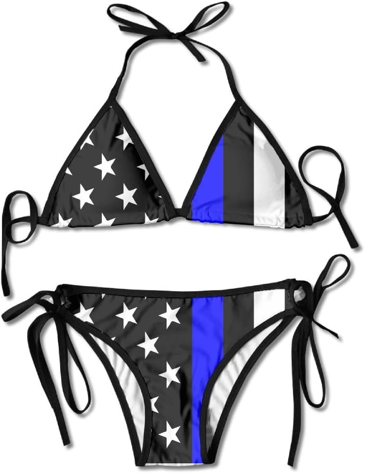 Rdiep Fashion Womens Sexy Padded Bikini Set Blue Thin Line Us Flag Printing Adjustable Swimsuit 2 Piece