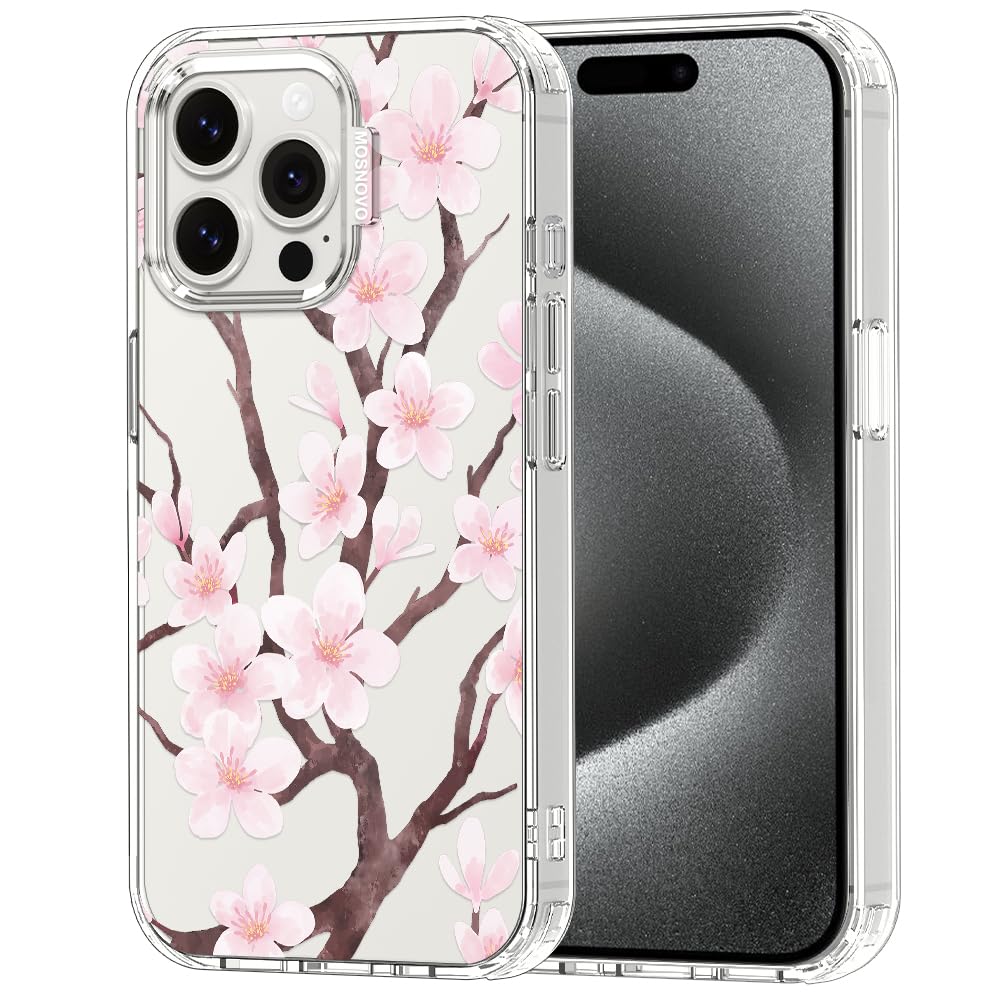 MOSNOVO Case for iPhone 15 Pro Max, [Buffertech 6.6ft Military-Grade Drop Protection] [Anti Peel Off Tech] Clear TPU Bumper Phone Case Cover Design - Cherry Blossom Floral — image 1