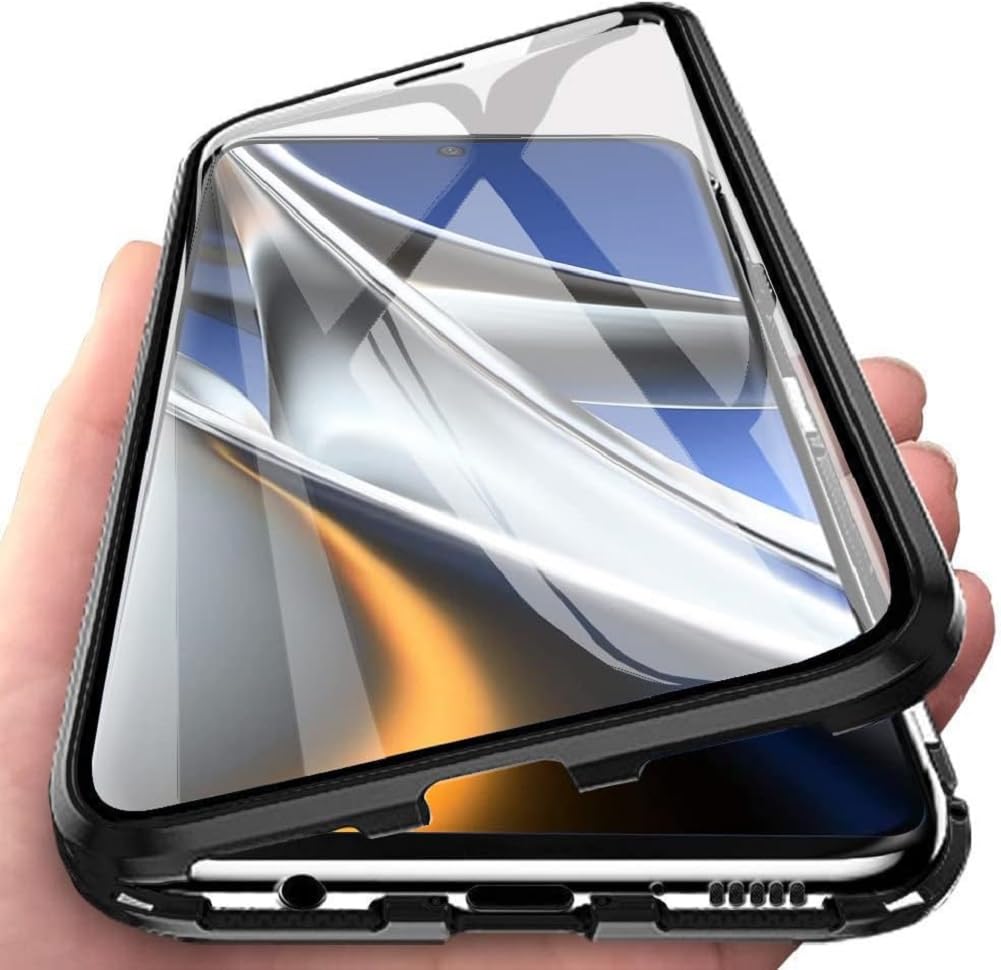 Fiokxie Case Compatible for HONOR 200 Pro,Magnetic Adsorption Metal Bumper Frame with Transparent Tempered Glass Screen Front and Back, 360 Degrees Protection Case,Camera Lens Protectors Cover,Black