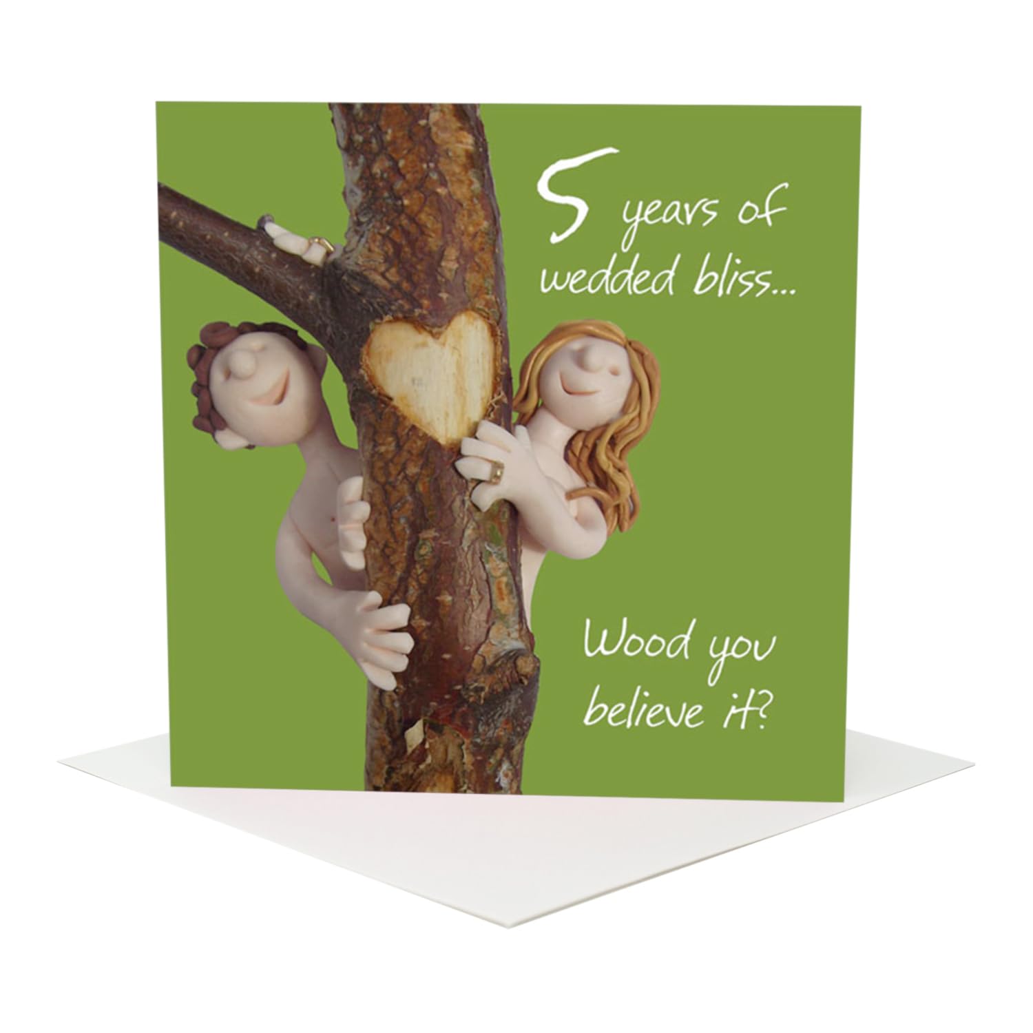 Holy Mackerel wood you believe it 5th wedding anniversary card for a couple - designed by artist Erica Sturla - 15cm square and blank inside for your message - made in the UK