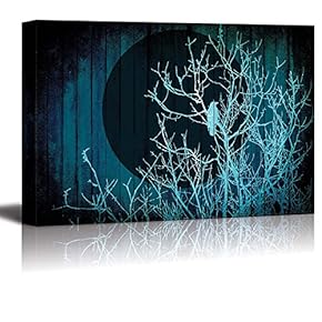 Silhouette of Branches with a Crow in Front of The Full Moon Over Blue Wood Panels with a Vignette - Canvas Art Home Art - 12x18 inches