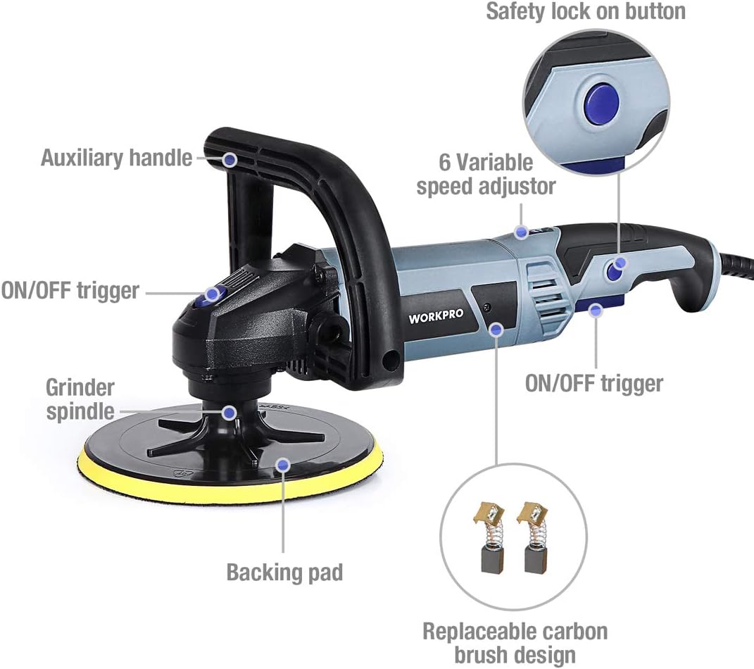 WORKPRO Buffer Polisher - 7-inch Buffer Waxer with 4 Buffing and Polishing Pads, 6 Variable Speed 1000-3800 RPM, Detachable Handle, Ideal for Car Sanding, Polishing, Waxing, Sealing Glaze - - 