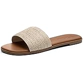 Athlefit Flat Sandals for Women Summer Raffia Square Toe Comfortable Slip On Dressy Casual Slide Sandals for Beach Travel