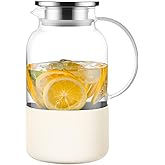 PARACITY Water Jug Water Pitcher with Silicone Base 61oz/ 1.8L, Hot& Cold Glass Pitcher with Lid and Handle, Glass Carafe with Lid for Coffee, Juice, Lemonade and Milk (Off-white base)