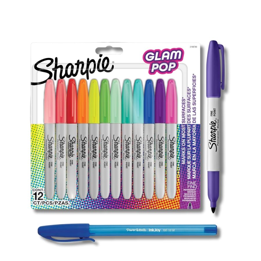 Sharpie Glam Pop Permanent Markers | Fine Point | Vibrant Colours | 12 Marker Pens + PaperMate Pen Gift