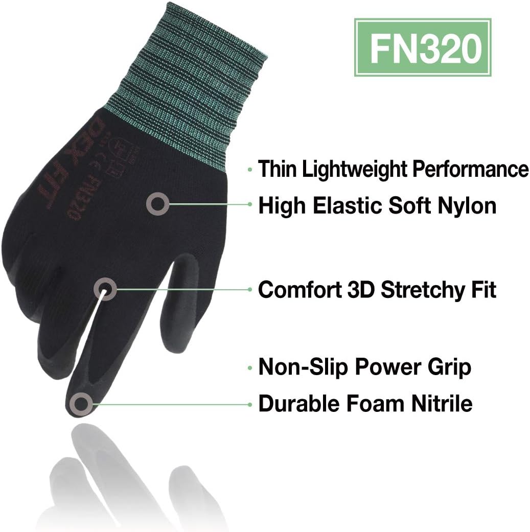 DEX FIT Gardening Gloves FN320, 3D Comfort Stretch Fit, Power Grip, Durable Foam Nitrile Coated, Thin & Lightweight Premium Nylon, Machine Washable, Black Medium 3 Pairs - - 