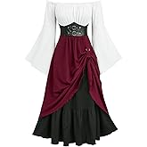 ROSE GAL Plus Size Women Renaissance Ren Faire Costume Textured Long Bell Sleeve Layered Maxi Medieval Dress