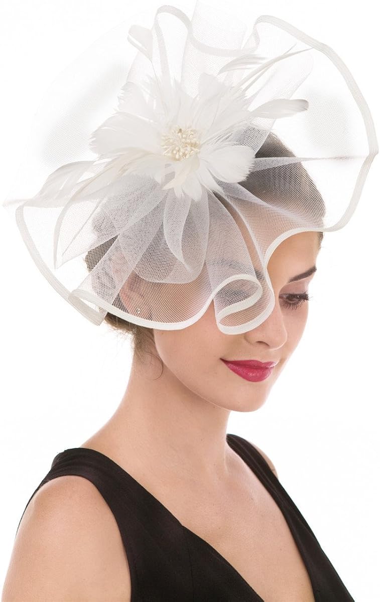 Fascinator Hat Feather Mesh Net Veil Party Flower Derby with Clip and Hairband for Women (A1-Large White Mash)