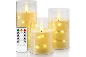 Amagic LED Flameless Candles, Battery Operated Candles with Embedded Fairy Lights, Acrylic Fake Candles with Remote and Timer for Wedding Home Decor, Ivory White, Set of 3, D3 x H4 5" 6"