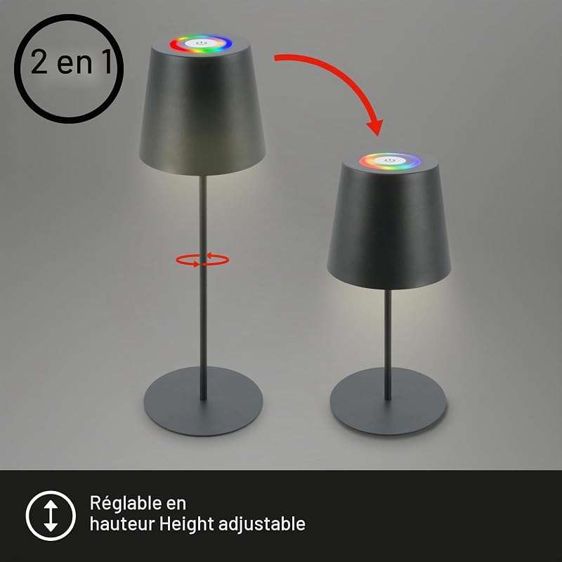 - Lampe de table LED sans fil avec touche, lumière colorée RGB+W, hauteur réglable, lampe LED, lampe de camping, lampe de table, lampe à accu, Outdoor, 36x10,5 cm, anthracite
