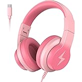 Candy Bila Wired Kids Headphones, USB Type C Headphones for Kids, 85dB Safe Volume, HD Stereo Sound, Comfortable Fit, Adjustable & Foldable,Ideal for School/Travel (Gradient Pink, Without Microphone