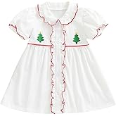 Summffie Toddler Christmas Dress Baby Girl Christmas Outfit Ruffle Puff Short Sleeve Christmas Tree Button Down Shirt Dress