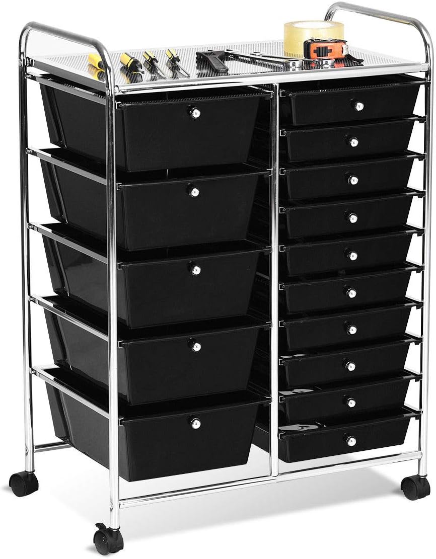 COSTWAYUS Plastic Boxes COSTWAY 15 Drawer Rolling Organizer Cart Utility Storage Tools Scrapbook Paper Multi-Use, Black: Home & Kitchen
