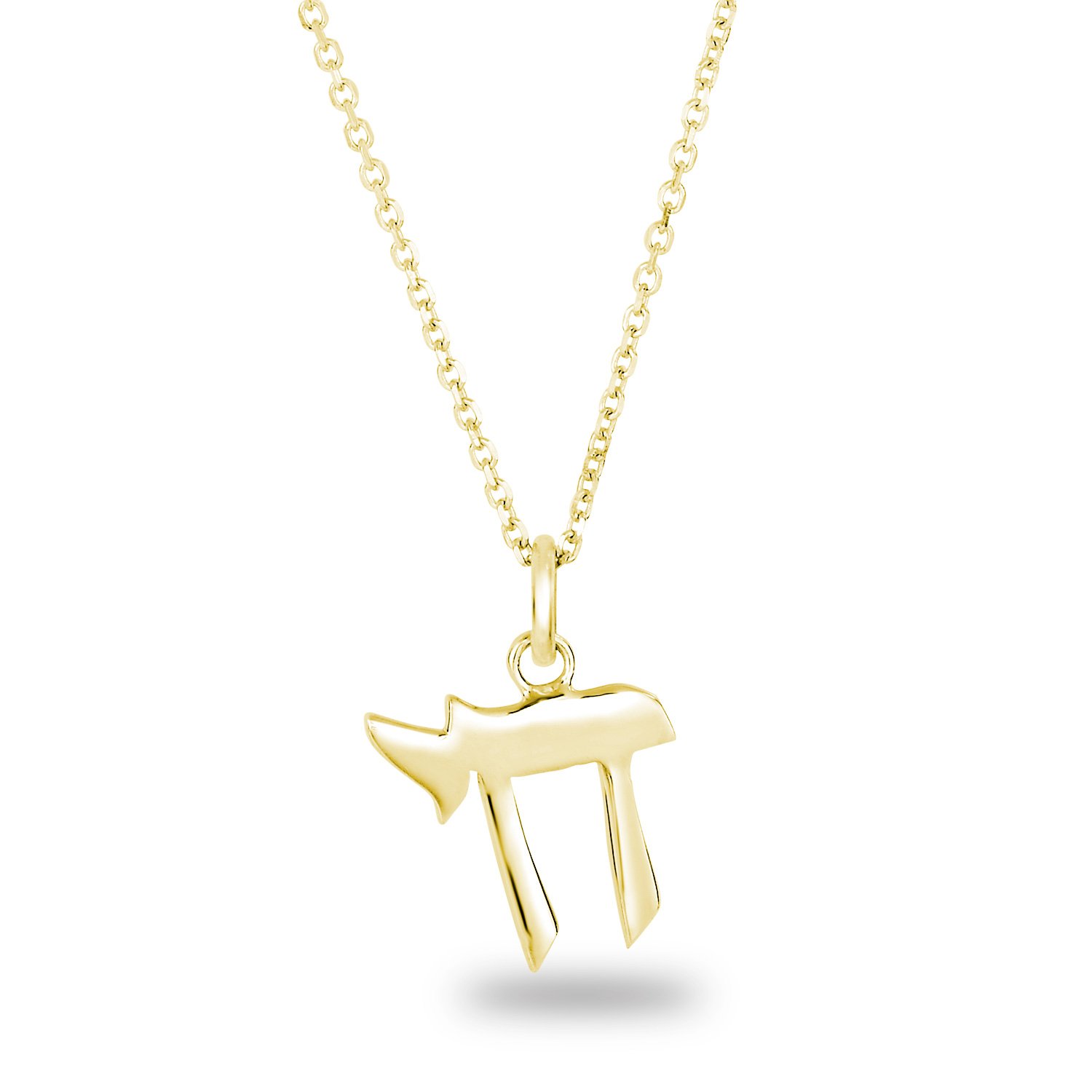 Yellow Gold Plated Silver Plain Shiny Finish Hebrew Letter Chai Sign of Life Pendant Necklace, 18\