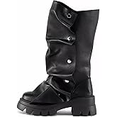 Atuelang Women's Slouchy Fold Over Platform Boots Mid Calf Pull On Fashion Snap Button Boots