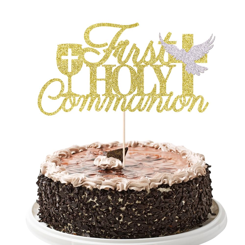 Photo 1 of YUINYO First Holy Communion Cake Topper, Spanish Baptism, First Communion Decoration, Wedding Christening Baby Shower 1st Birthday Party Decorations Gold Glitter