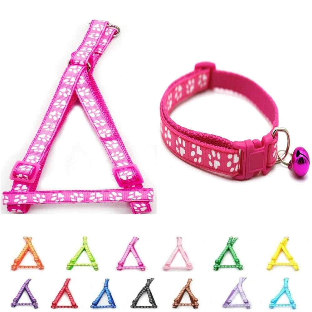 Small Dog Puppy Pet Collar and Harness Set Pawprint Design Nylon Adjustable Neck Size 19-32cm and Chest Size 21-34cm Pink Rose