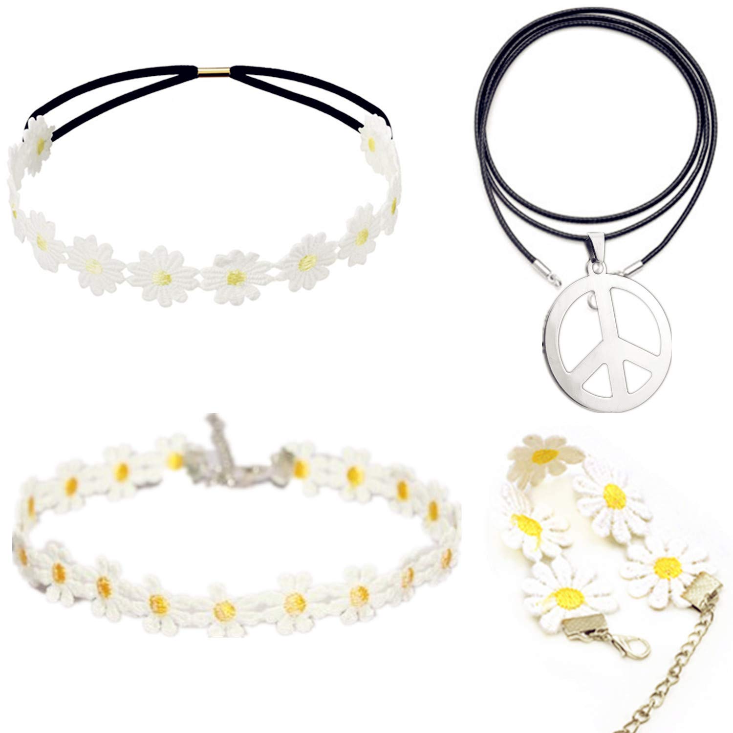 PPX Hippie Costume Set - 60s Peace Sign Necklace Sunflower Crown Headband Bracelet and Necklace 60s Hippie Dressing Accessory Set
