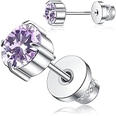 Titanium Screw Back Stud Earrings for Women Men, Hypoallergenic Double Side 5A Cubic Zirconia Flat Back Earrings Birthstone Stud Jewelry 6mm