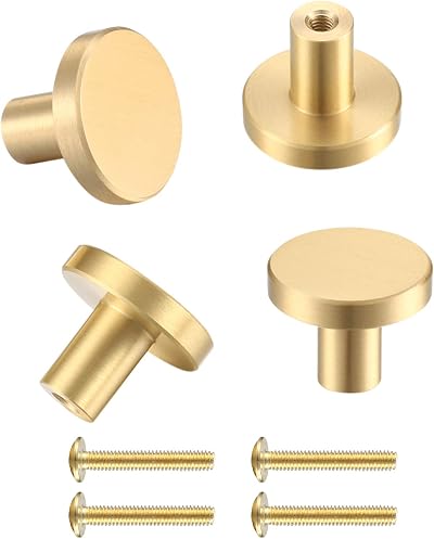 LJHOME Brass Round Cabinet Knobs 4 Pcs Gold Single Hole Handles with Screws