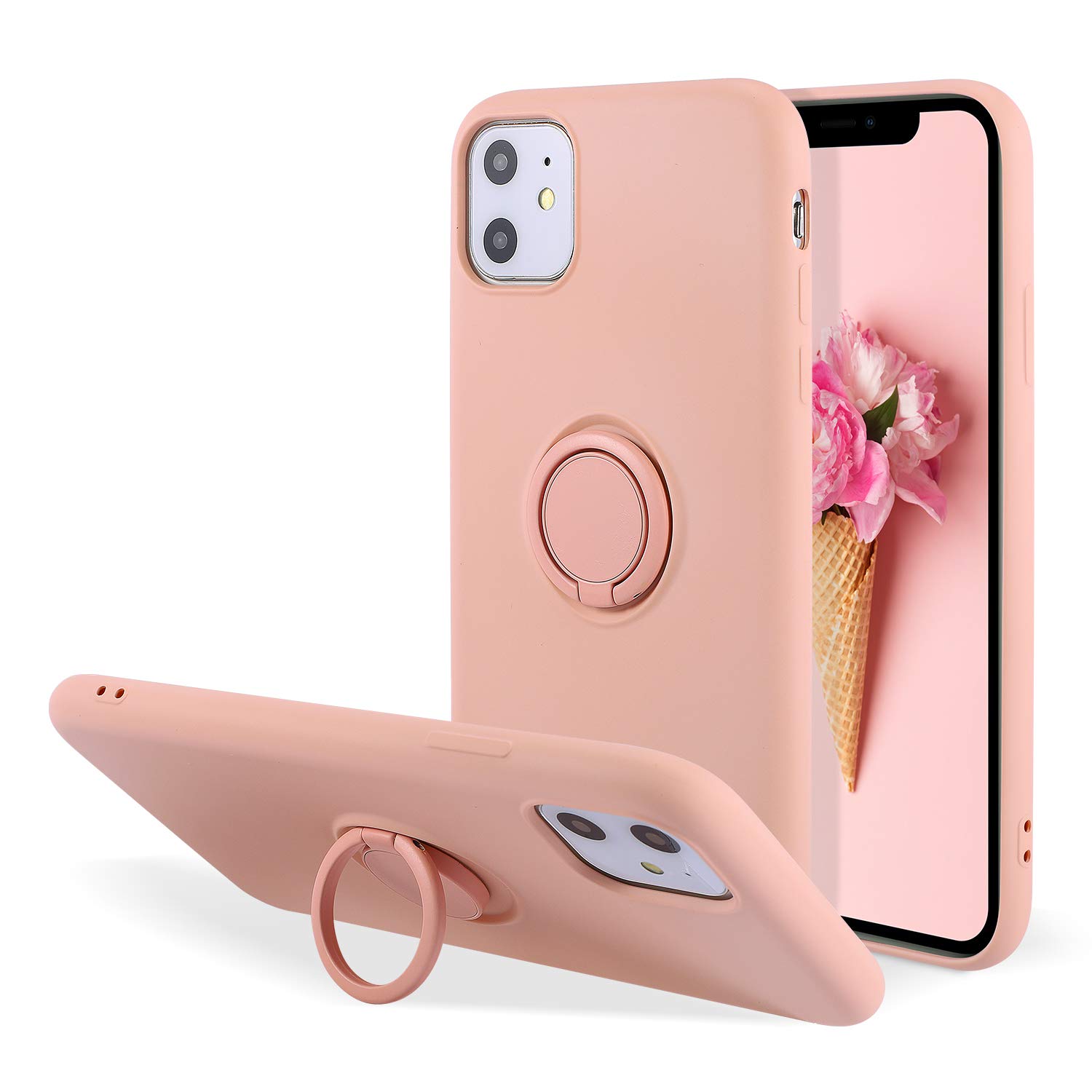 UEEBAI Case for iPhone 11 6.1 inch, Ultra Slim Liquid Silicone Phone Case with 360 Rotatable Ring Holder Kickstand with Magnetic Car Mount Gel Rubber TPU Bumper Shockproof Cover for iPhone 11 - Pink — image 1