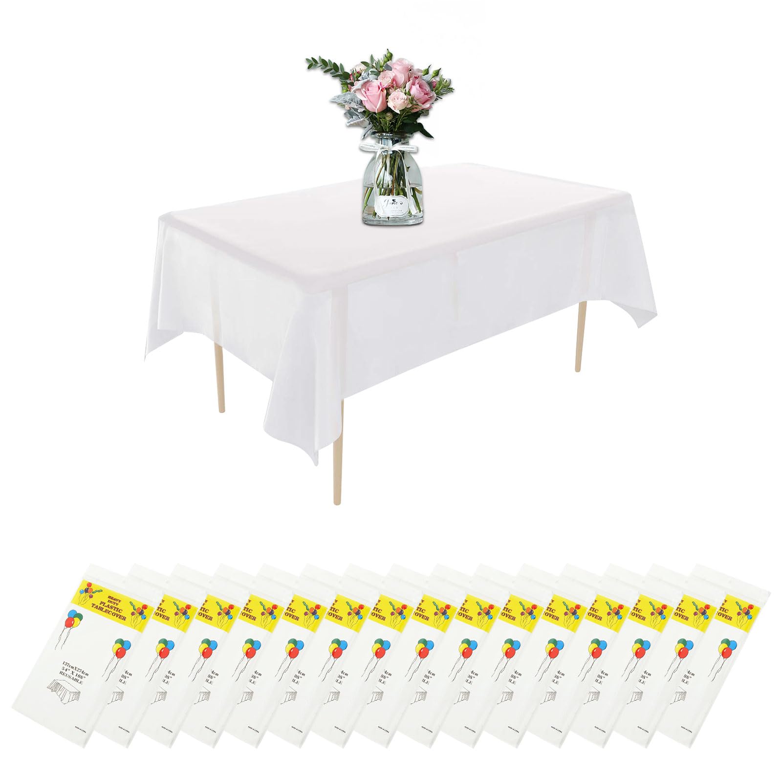 SHUESS 15 Pcs White Table Cloth Party - 54 x 108 Inch Disposable Tablecloths - Plastic Disposable Tablecloths for Parties, Picnic, Wedding - White Disposable Table Cloth