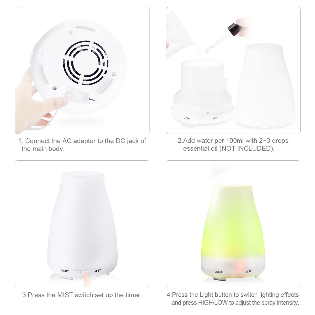 MFEEL Ultrasonic Humidifier 100ML Aromatherapy Oil Diffuser Cool Mist with 7 Color LED Lights Mode Adjustment Waterless Auto Shut-Off
