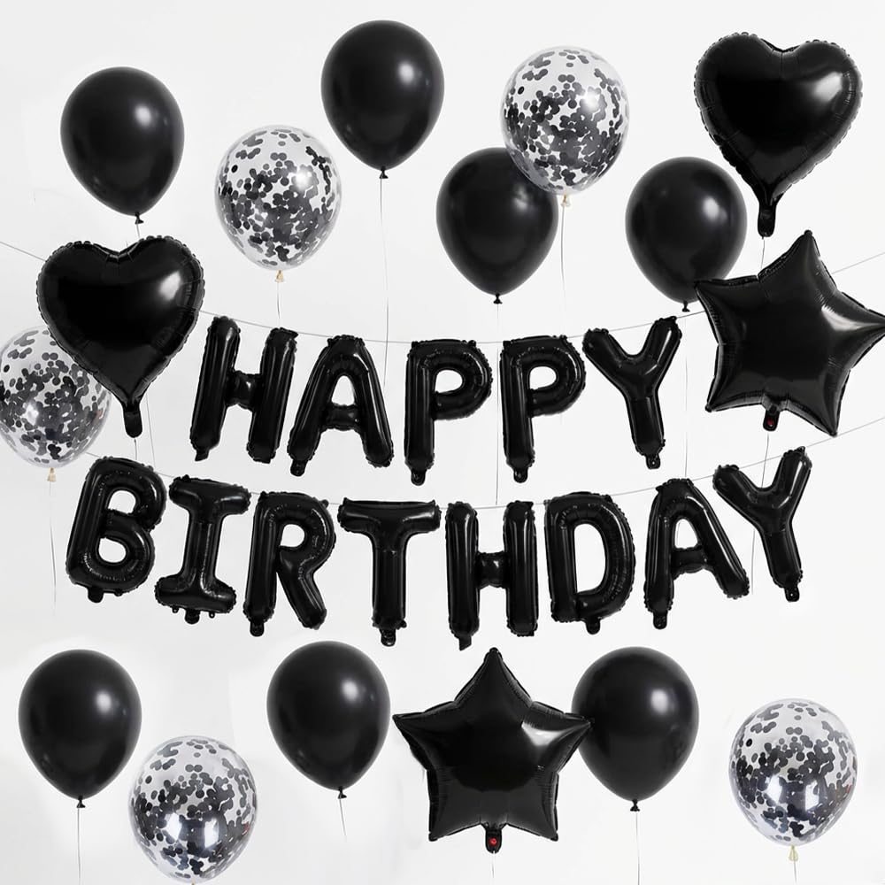 Black Birthday Balloons Set - 27PCS Happy Birthday Letter Balloons with Stars & Hearts for Men's Party Decorations - Latex & Foil Mix Material (Include Straw & Ribbon)